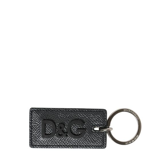 Dolce & Gabbana Black Calf Leather D&G Logo Metal Ring Keyring Women's Keychain